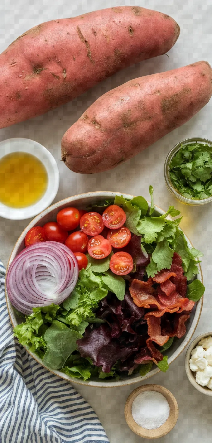 Ingredients photo for Sweet Potato Bacon Salad Sherry Coriander Vinaigrette Recipe