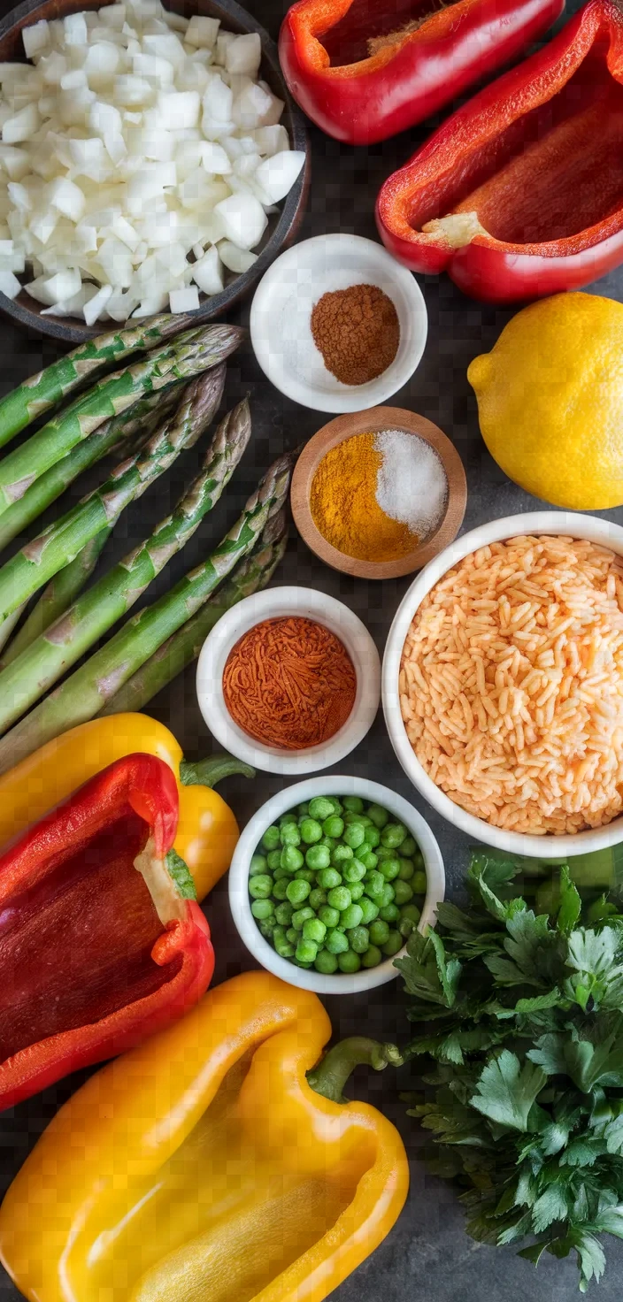 Ingredients photo for Spanish Vegetable Paella With Roasted Peppers Asparagus Recipe