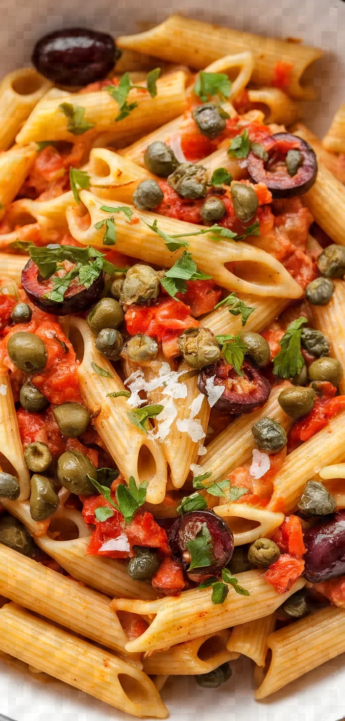 Ingredients photo for Spicy Penne Pasta With Anchovies Capers Black Spanish Olives Recipe