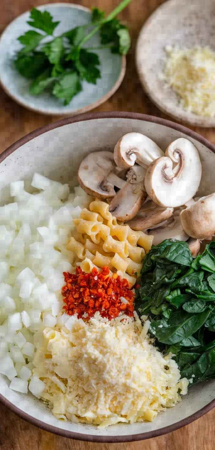 Ingredients photo for Creamy Spinach Mushroom Pasta Recipe