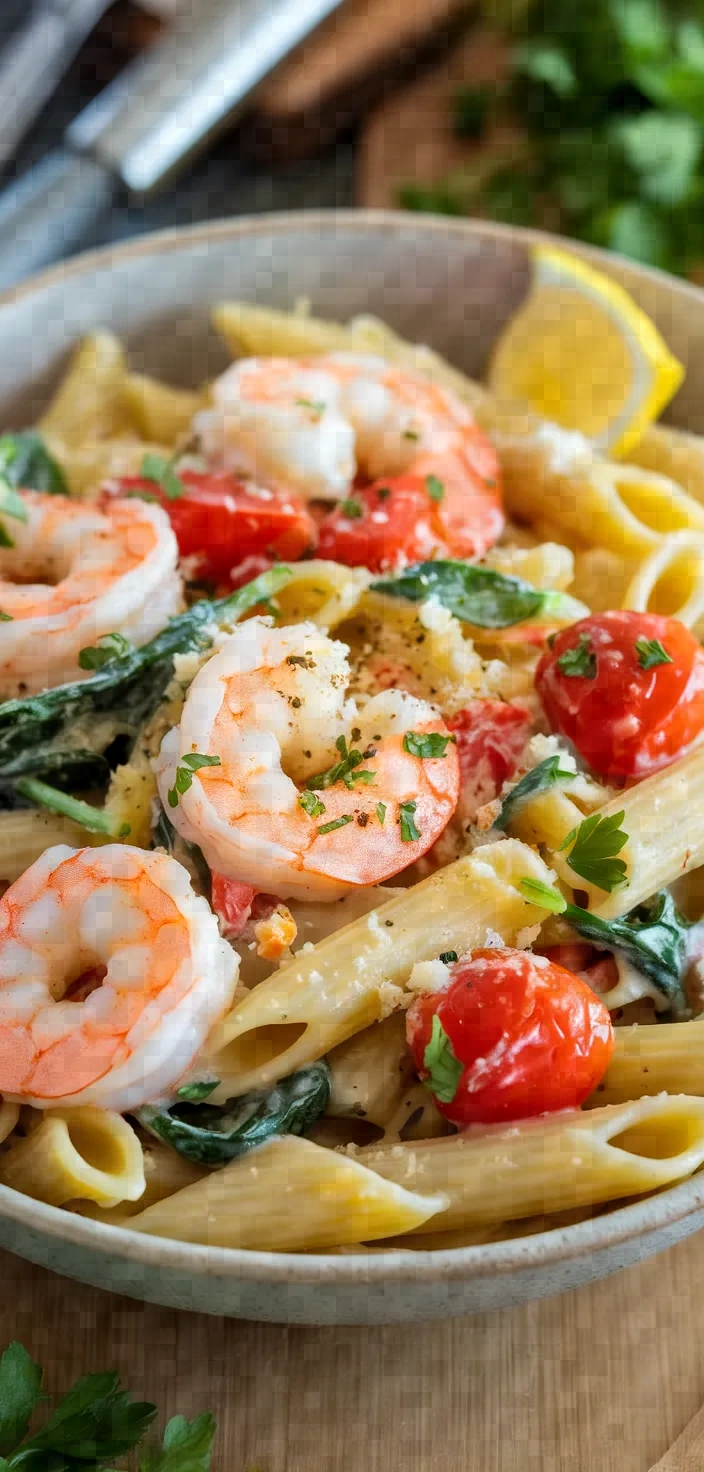 Ingredients photo for One Pan Creamy Pasta With Shrimp Vegetables Recipe