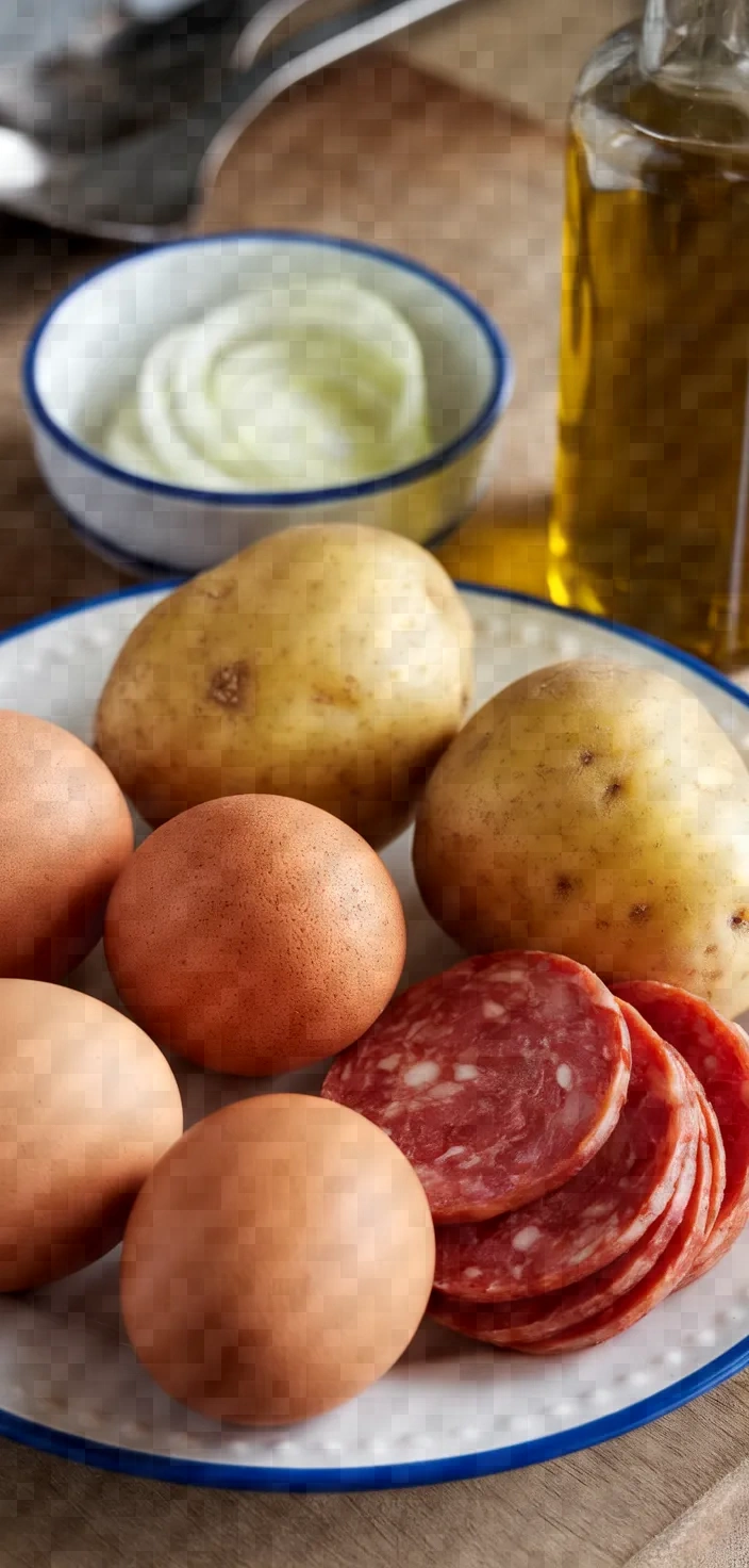 Ingredients photo for Spanish Broken Eggs Huevos Rotos Con Patatas Recipe