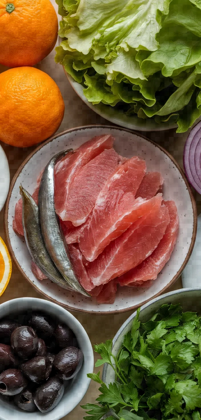 Ingredients photo for Spanish Salad With Oranges Anchovies Tuna Recipe