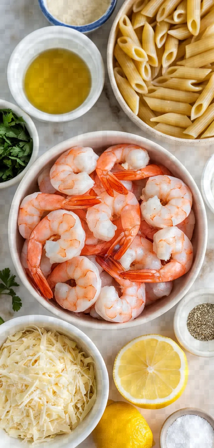 Ingredients photo for Shrimp And Penne Pasta With Homemade Alfredo Sauce Recipe