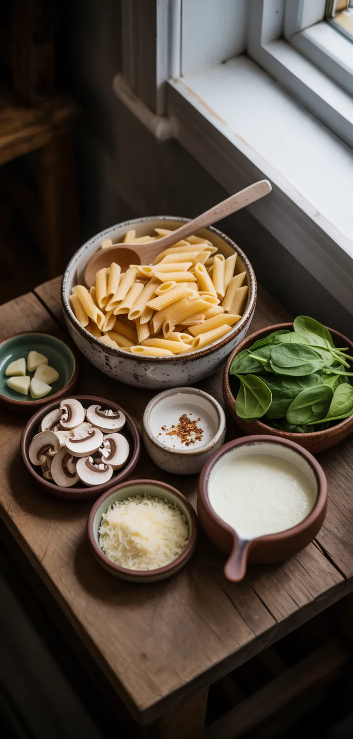 Ingredients photo for Creamy Parmesan Spinach Mushroom Pasta Recipe