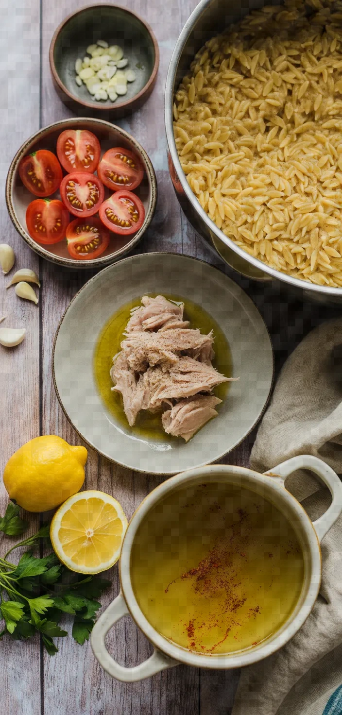 Ingredients photo for One Pan Orzo With Tuna Tomatoes Recipe
